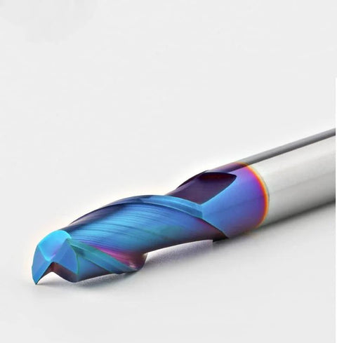 Rainbow-coated solid carbide end mill, 2-flute CNC cutter with helical flutes for metal/wood machining