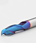 2-flute solid carbide end mill with blue-purple coating, close-up view