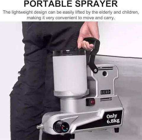 Hella Smooth Finishes Kickin Major Power Airless Paint Sprayer With Adjustable Speed And Super Long Hose For Zero Hassle Interior Exterior Walls And Furniture Projects 1600W Electric Painter Tool being easily carried by hand.
