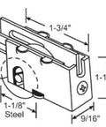 Diagram showing dimensions of patio door roller with 1 1/8 inch steel wheel heavy duty replacement part for smooth sliding fits many doors.