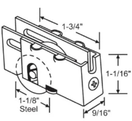 Diagram showing dimensions of patio door roller with 1 1/8 inch steel wheel heavy duty replacement part for smooth sliding fits many doors.