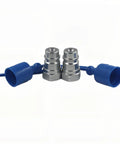 Two 1/2-inch silver metal ball valve hydraulic quick-connect male couplers with blue ends