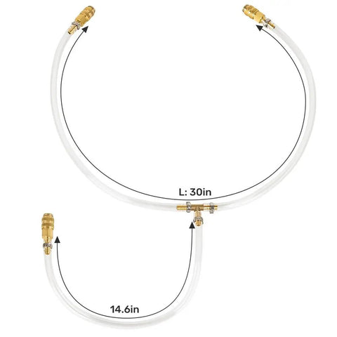Get Your Boat Steering Smooth With This 30 Inch Hydraulic Bleed Kit showing 30-inch clear tube with brass fittings.