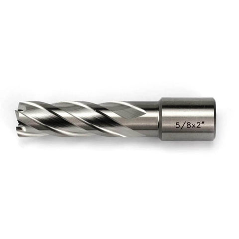 Side view of HSS annular cutter, 5/8 in diameter, 2 in depth, Weldon shank.