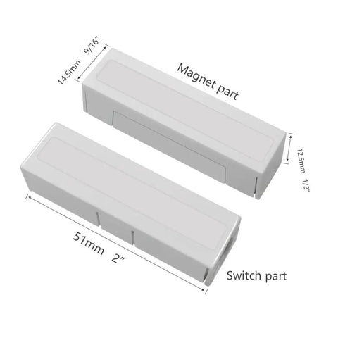 Dimensions of 5 Pack NC Magnetic Door Sensor Contacts For Home Alarm System, showing magnet and switch parts.