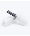 Carbide end mill, 8 mm diameter, 4-flute, 58° cutting angle, 100 mm length, shown with white plastic storage case.