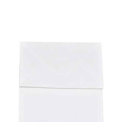 Close-up of Medium White Kraft Paper Gift Bags With Handles 8x4.75x10 Inches Bulk Pack Of 50 For Takeout Grocery Shopping Retail Parties Weddings And Craft Favors