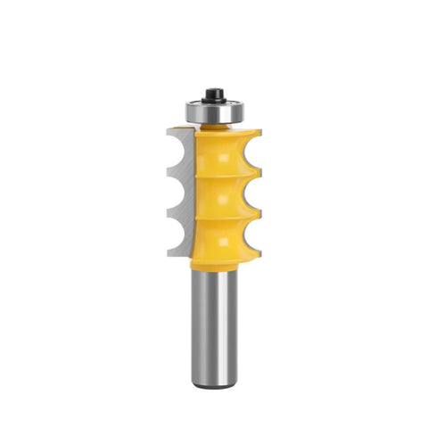 Top Shelf 2 Piece Triple Bead Column Molding Router Bit Set For Fancy Woodwork And Furniture Legs Featuring Fast Tenon Cutter Action To Chip Away Pretty Decorative Profiles In One Smooth Pass - yellow carbide router bit close-up.