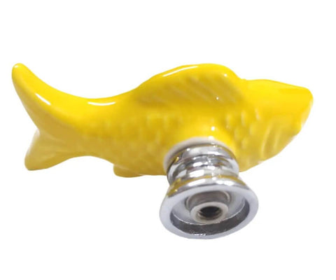 Hella Cool 10 Pack Yellow Goldfish Cabinet Pulls For Drawers And Dressers Super Chic Kitchen Cupboard Handles close-up view of shiny yellow ceramic goldfish pull