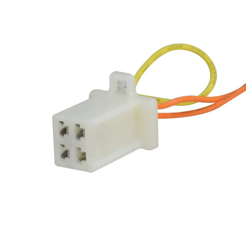 Replacement Control Module For MX125 Razor Dirt Bike Versions 1 Through 5 Easy Plug And Play Upgrade Quick Swap For Faster Rides Verify Your Version Before Ordering By Checking The Product ID Codes 7th And 8th Digits. white plastic plug-in control module connector with orange and yellow wires for MX125