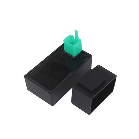 4 Pin CDI Box High Performance For Most 50cc 70cc 90cc 110cc Scooters And ATVs Delivers A 5 To 10 MPH Speed Boost Rev Limit Removal DC Fired Ignition And Adjustable Timing For Smoother Acceleration On DY100 Compatible Rides, black plastic with green connector, uninstalled view.