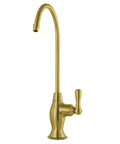 Restoration Water Filtration Faucet In Brushed Brass, Deck Mount Single Hole, elegant curved spout, side view