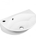 Small Wall Mounted Bathroom Sink 17 Inch White Ceramic Oval Basin With Porcelain Coated Finish Floating Wall Hung Design Overflow Single Faucet Hole On Left Side Space Saving Go To Modern Fixture For Small Bathrooms Easy Install, showcasing its sleek oval design and overflow
