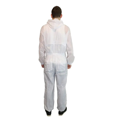 Back view of Fresh White Nylon Spray Paint Coveralls With Kickback Ready Lint Free Construction for auto body shop work.