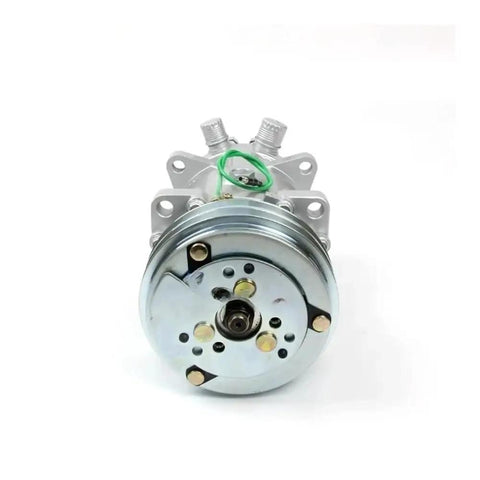 Heavy Duty Air Conditioning Compressor Pump Kit With 2 Groove V Belt Pulley For Tractors Excavators Muscle Cars And Large Trucks Restores Cool Comfort And Cools Your Ride Fast. silver aluminum AC compressor pump front view