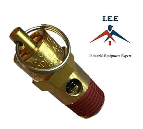 Angled side view of brass 1/4 in NPT air compressor safety relief valve with red threaded end; I.E.E logo visible.