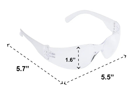 Built Tough Safety Glasses Bundle, 12 Pairs Assorted, Impact Resistant Polycarbonate Lenses, ANSI Z87 Plus Certified, UV Protection shown with dimensions