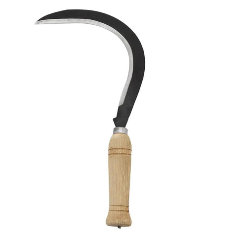 Curved Weeding Harvest Scythe with 13 Inch Carbon Steel Blade and Beige Handle for clearing tall weeds and soft brush