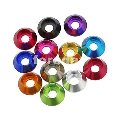 Hella Durable M4 Flat Washers Titanium Gray Aluminum Alloy Socket Head Cap Screw Hardware Set One Hundred Pack Precision Machined Fastening Rings For Home Shop And Auto Repair Jobs That Are Gonna Hold Tight Always - assorted colored aluminum washers.