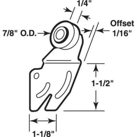Diagram of Closet Door Roller Set With Front 1/16 Inch Offset And 7/8 Inch Nylon Wheel 2 Pack showing dimensions and offset.