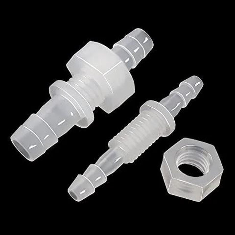 Front view: two translucent plastic 3/8-inch hose barb thru-bulkhead union adapters with stainless steel washers.