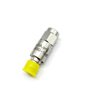 10dB SMA Attenuator Kit For In-Line RF Links with SMA Male To SMA Female connectors, silver-plated, shown with yellow cap.