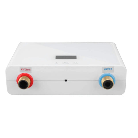 Compact Tankless Electric Water Heater With Remote Control For Instant Straight Up Hot Water At 3000 Watts No Preheating Needed, front view with water inlet and outlet.