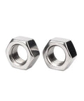 Heavy Duty Top Shelf Stainless Steel M3 Cheese Head Machine Screws With Slotted Heads, Rock Solid Corrosion Resistant Flat Washers And Hex Nuts, Pro Grade Assortment Kit For Rugged Builds And Shop Jobs - two stainless steel hex nuts side by side, showing internal threads.