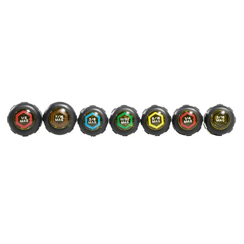 7-Piece Magnetic Nut Driver Set With Hollow Shafts, 6-Inch, Sizes 3/16 1/4 5/16 11/32 3/8 7/16 1/2 Inch, Cushion Grip Handles, Rare-Earth Tips, Color-Coded Domes, Internal Flanges, Made In USA