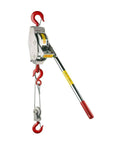 Heavy Duty Cable Come Along Ratchet Winch Hoist With Dual Line Lift, 1.5 Ton Capacity, shown with red hooks and cable