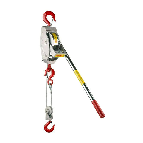 Heavy Duty Cable Come Along Ratchet Winch Hoist With Dual Line Lift, 1.5 Ton Capacity, shown with red hooks and cable