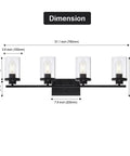 Dimensions of the 4 Light Vanity Fixtures Over Mirror in Matte Black With Clear Cylinder Glass Industrial Farmhouse Wall Sconces.