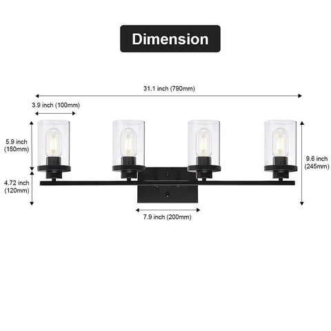 Dimensions of the 4 Light Vanity Fixtures Over Mirror in Matte Black With Clear Cylinder Glass Industrial Farmhouse Wall Sconces.