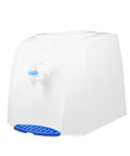 Compact Desktop Cold Water Dispenser with Easy Press Button Operation, white plastic unit with blue spout for desk use