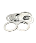 Straight Up Boss Grade 304 Stainless Steel Shim Washers Ultra Thin Flat Spacers M3 Through M15 piled together on a white background.