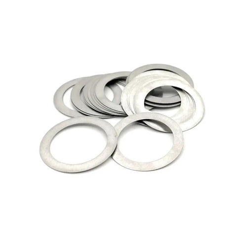 Straight Up Boss Grade 304 Stainless Steel Shim Washers Ultra Thin Flat Spacers M3 Through M15 piled together on a white background.