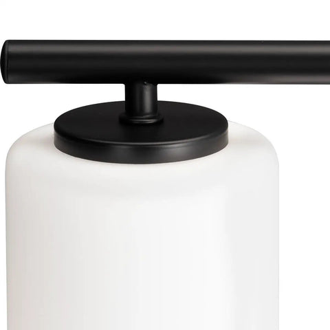 Close-up of Two-Light Vanity Light in Slick Textured Black with Etched White Glass Shades for Over the Mirror Modern Bathroom Fixture.