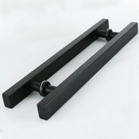 Heavy Duty 24 Inch Matte Black Stainless Steel Door Handle For Two Sided Glass Doors Square Rectangle T Bar Pull Push Handle Modern Commercial Interior Exterior Entrance Gate Grip pair on white background