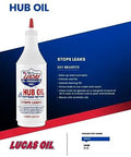 Lucas Oil hub oil bottle labeled for stopping leaks with product details, designed for heavy duty hub oil for trailer hubs and steering axles extreme heat resistant long lasting lubricant non foaming and ultra slick synthetic compatible formula cushions gears and prevents squeezing under pressure 1 quart
