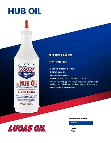 Lucas Oil hub oil bottle labeled for stopping leaks with product details, designed for heavy duty hub oil for trailer hubs and steering axles extreme heat resistant long lasting lubricant non foaming and ultra slick synthetic compatible formula cushions gears and prevents squeezing under pressure 1 quart