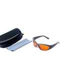 Premium Od5 Laser Safety Glasses Featuring Crystal Clear Lenses And Heavy Duty Frames with orange lenses and protective case.