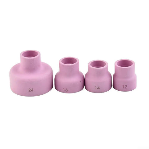 Top Tier 7 Piece Tig Welding Torch Accessory Kit With Stubby Gas Lens Adapter For Wp17 Wp18 And Wp26 Torches, pink ceramic cups sizes 12, 14, 16, 24 for precise argon flow.