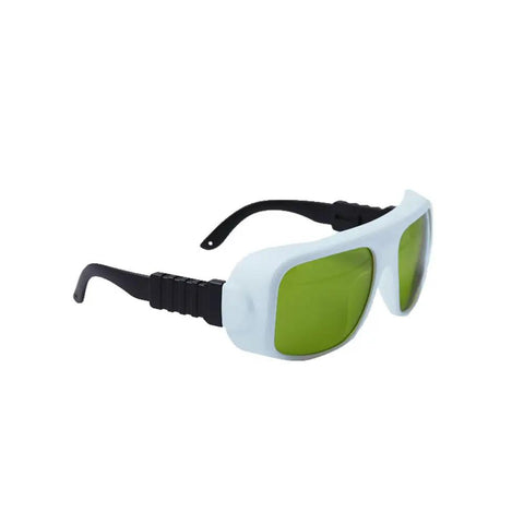 Top Shelf Infrared Laser Safety Glasses For Nd Yag And Diode Cutters Defending 740 To 1100nm Ranges With Badass OD Ratings Up To Seven shown from a side angle with green lenses.