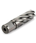 Side view of Oscarbide annular cutter with Weldon shank, 13/16 in dia, 2 in depth, silver metal