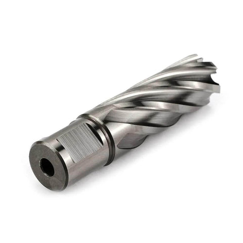 Side view of Oscarbide annular cutter with Weldon shank, 13/16 in dia, 2 in depth, silver metal