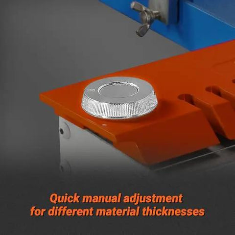 Close-up of adjustment knob on 24 Inch Industrial Magnetic Pan And Box Heavy Duty Sheet Metal Brake Workhorse with Electro Magnetic Clamping System
