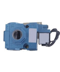 Heavy Duty Balanced Spool Valve For Industrial Pneumatic Systems With Dead On Flow Regulation And Smooth Quiet Operation. Top view, blue metal, compact design.