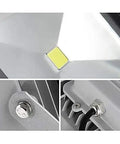 Close-up of JUDYSSY Floodlight showing high-brightness LED chip, metal mounting bolt, and wiring access for outdoor use.