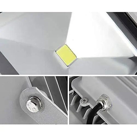 Close-up of JUDYSSY Floodlight showing high-brightness LED chip, metal mounting bolt, and wiring access for outdoor use.