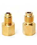 Rig Ready Shop Grade 6015 R134a Refrigerant Tank Adapter Paired With 6014 Vacuum Pump Connector Set featuring two brass fittings for auto AC repair.